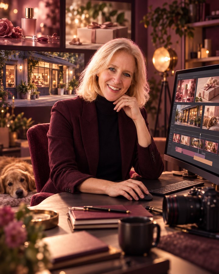 Natalie Hitschler am Schreibtisch vor einem Schnittprogramm, daneben ihr Hund
